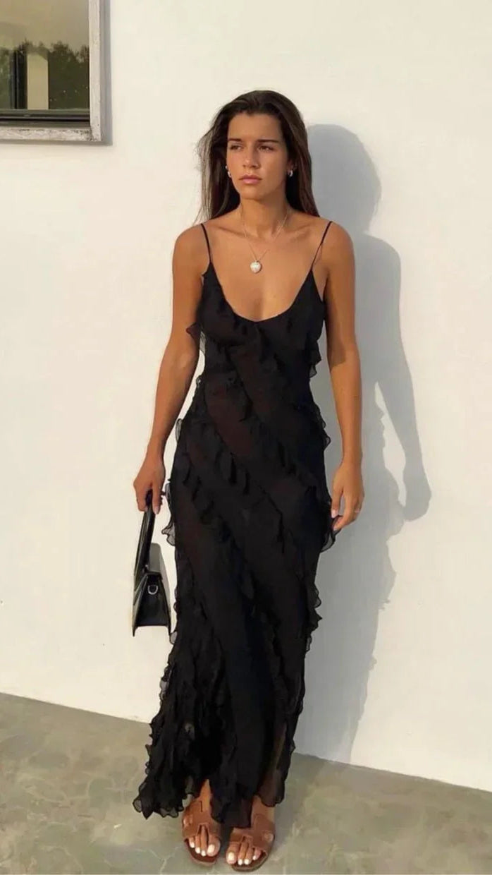Women's Ruffle Backless Spaghetti Strap V Neck Maxi Dress