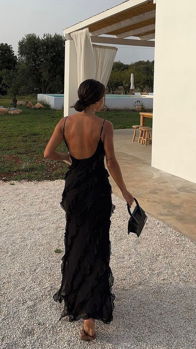 Women's Ruffle Backless Spaghetti Strap V Neck Maxi Dress