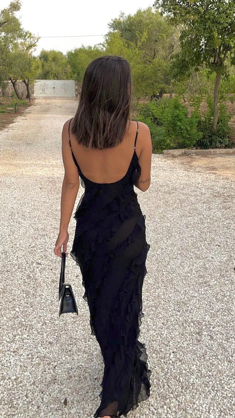Women's Ruffle Backless Spaghetti Strap V Neck Maxi Dress