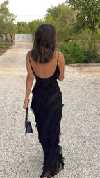 Women's Ruffle Backless Spaghetti Strap V Neck Maxi Dress