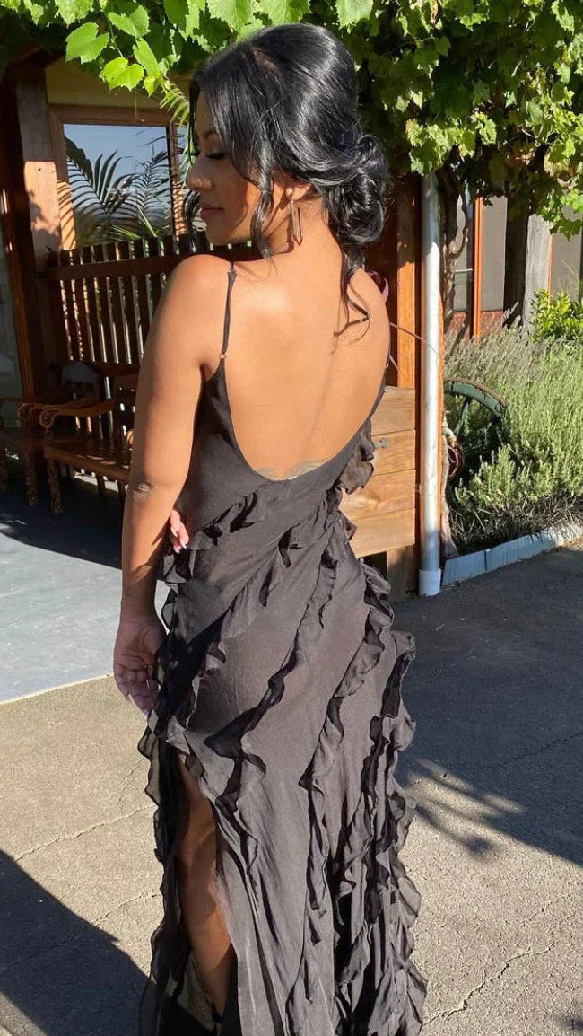 Women's Ruffle Backless Spaghetti Strap V Neck Maxi Dress