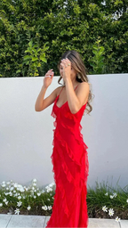Women's Ruffle Backless Spaghetti Strap V Neck Maxi Dress