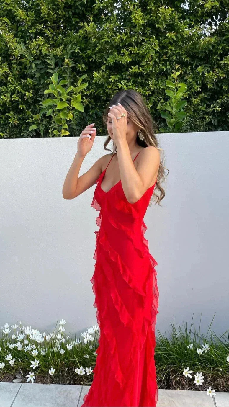 Women's Ruffle Backless Spaghetti Strap V Neck Maxi Dress