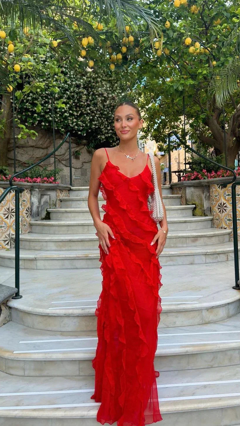 Women's Ruffle Backless Spaghetti Strap V Neck Maxi Dress
