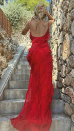 Women's Ruffle Backless Spaghetti Strap V Neck Maxi Dress