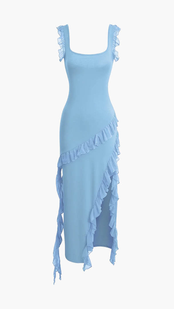 Women's Ruffle Maxi Dress | Square Neck Split Wedding Guest Dress