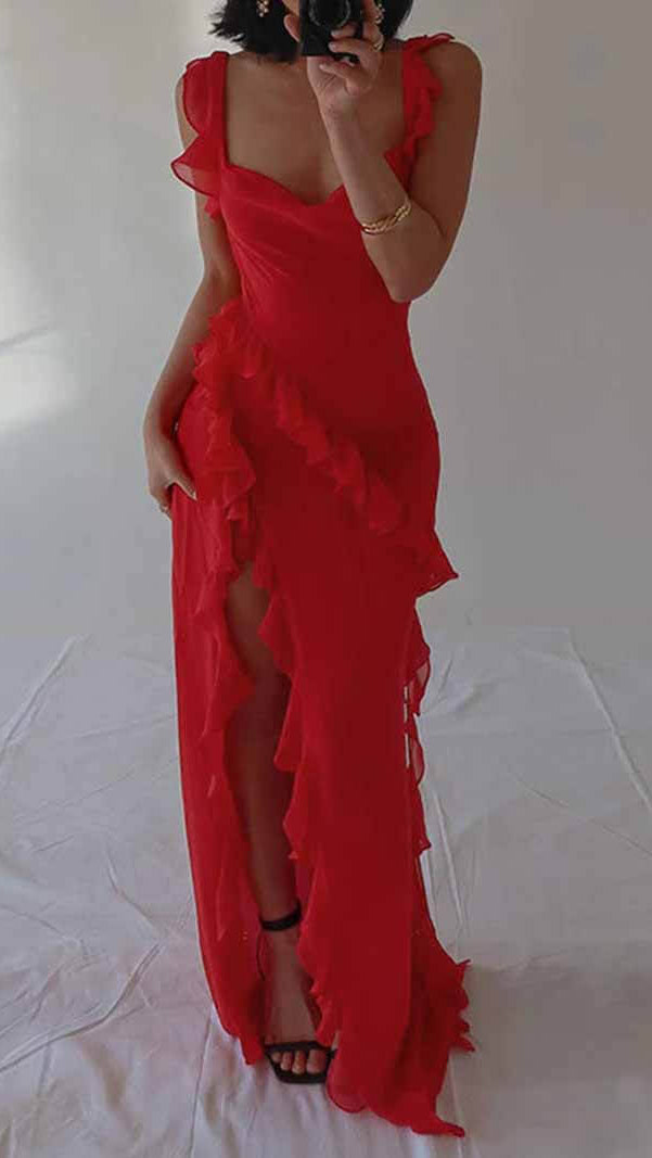 Women's Ruffle Maxi Dress | Square Neck Split Wedding Guest Dress
