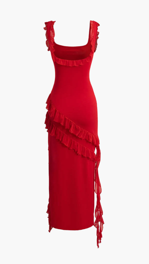 Women's Ruffle Maxi Dress | Square Neck Split Wedding Guest Dress