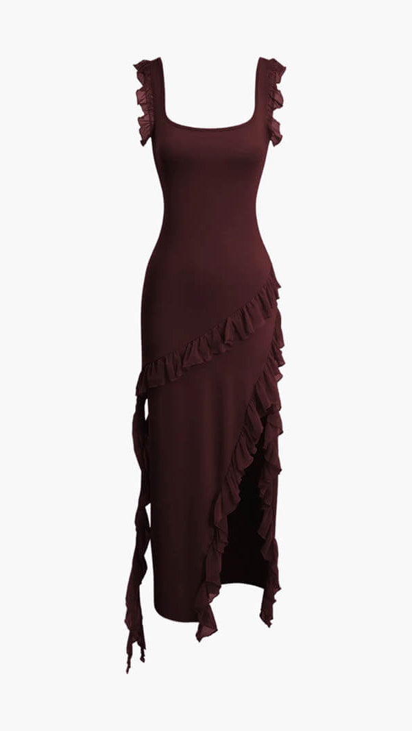 Women's Ruffle Maxi Dress | Square Neck Split Wedding Guest Dress