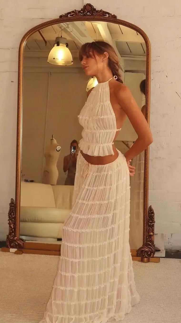 Women's Ruffle Two Piece Set | Sheer Top Maxi Skirt Co-ord