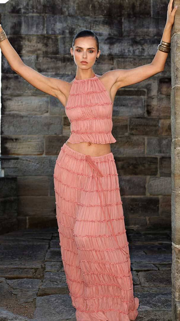 Women's Ruffle Two Piece Set | Sheer Top Maxi Skirt Co-ord