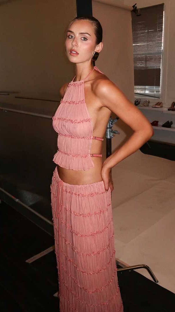 Women's Ruffle Two Piece Set | Sheer Top Maxi Skirt Co-ord