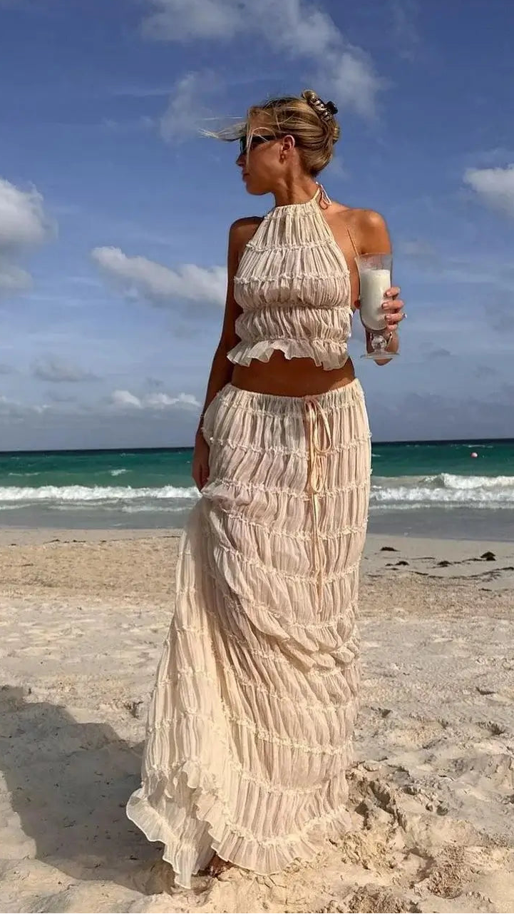 Women's Ruffle Two Piece Set | Sheer Top Maxi Skirt Co-ord