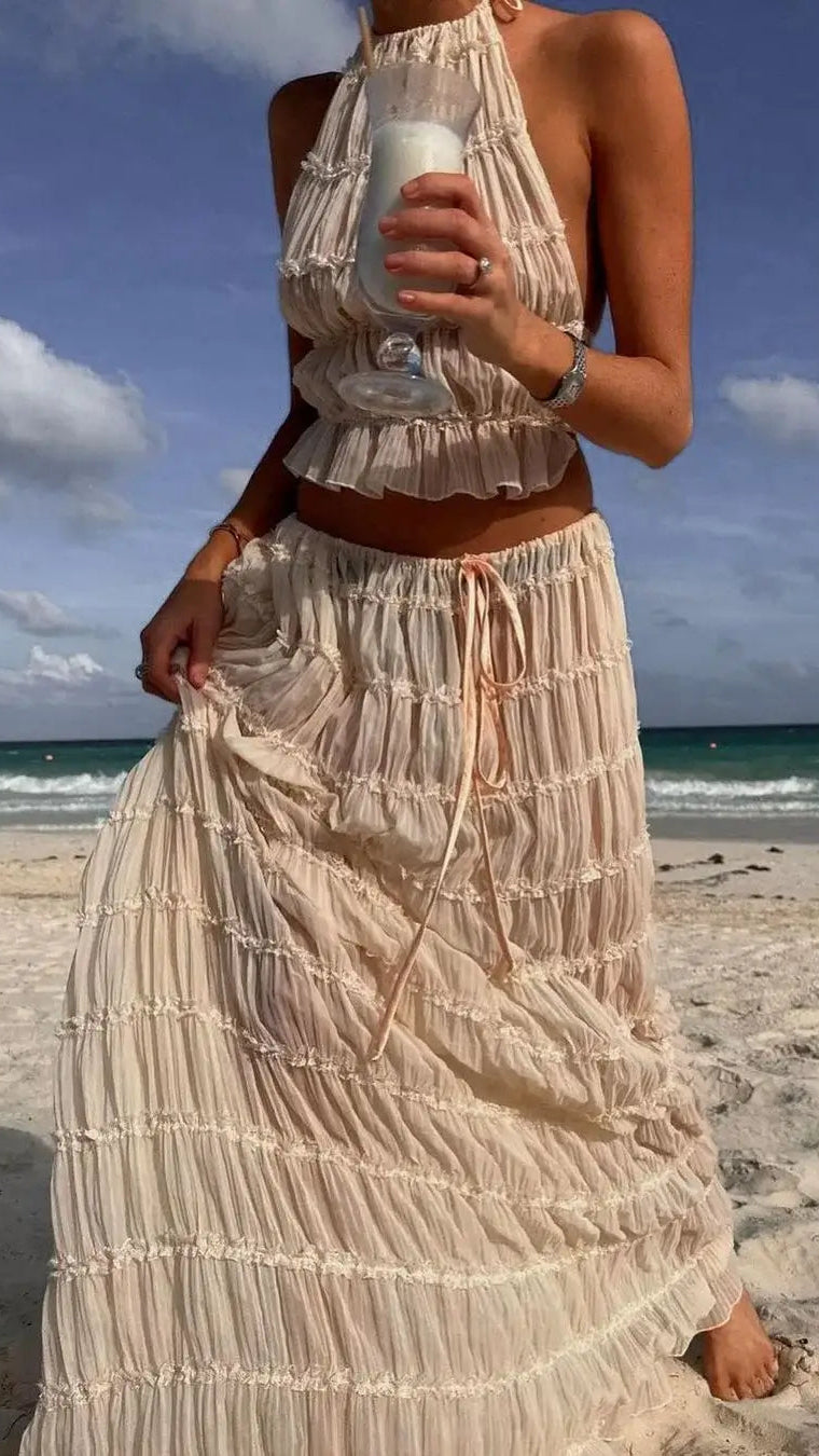 Women's Ruffle Two Piece Set | Sheer Top Maxi Skirt Co-ord