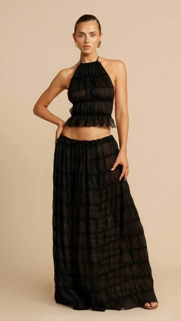 Women's Ruffle Two Piece Set | Sheer Top Maxi Skirt Co-ord