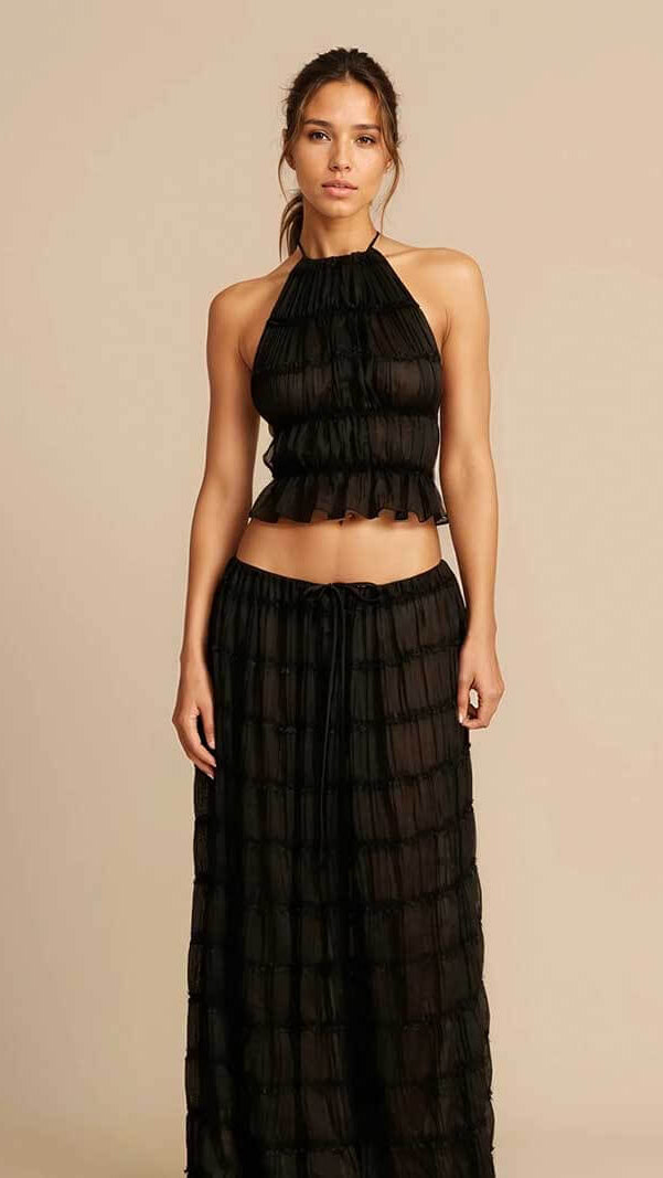 Women's Ruffle Two Piece Set | Sheer Top Maxi Skirt Co-ord