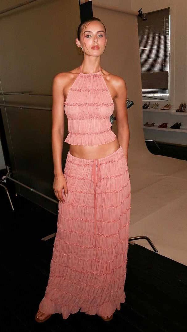 Women's Ruffle Two Piece Set | Sheer Top Maxi Skirt Co-ord