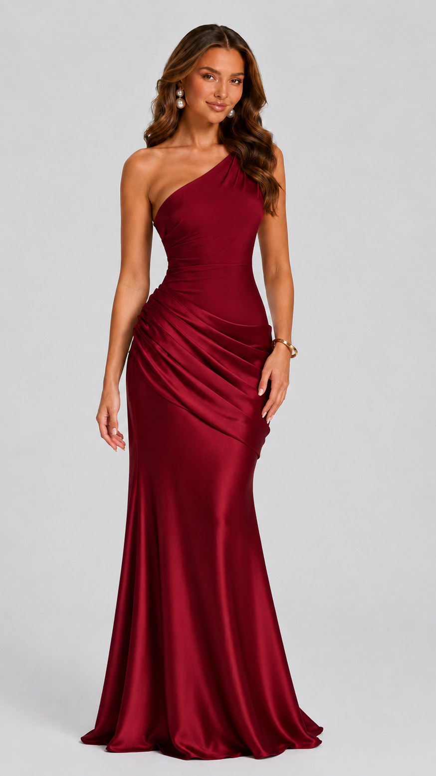 Women's Satin Maxi Dress | One Shoulder Draped Wedding Guest Dress