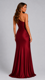 Women's Satin Maxi Dress | One Shoulder Draped Wedding Guest Dress