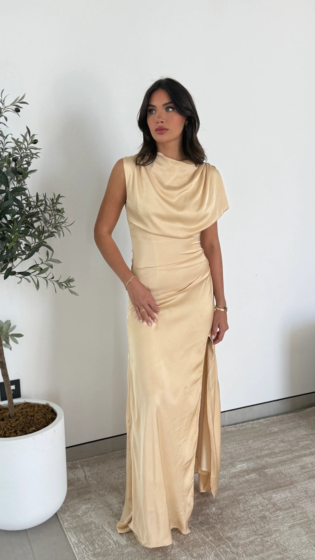 Women's Satin Maxi Dress | Draped Ruched Wedding Guest Dress