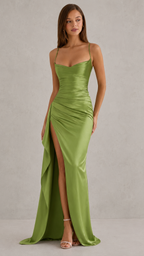 Women's Satin Maxi Dress | Draped Split Wedding Guest Dress