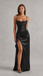 Women's Satin Maxi Dress | Draped Split Wedding Guest Dress