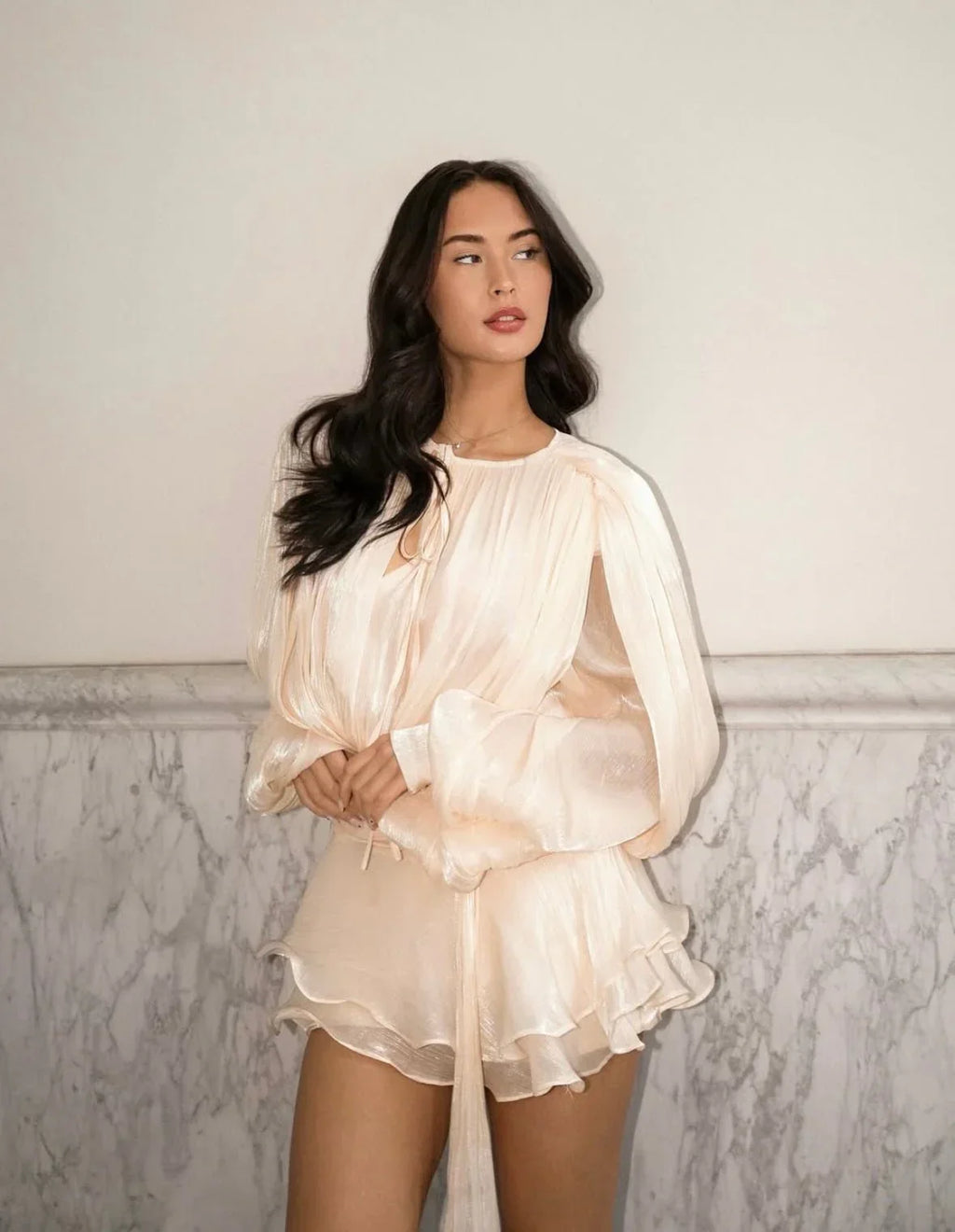 Women's Satin Mini Dress | Puff Sleeve Pleated Cocktail Dress