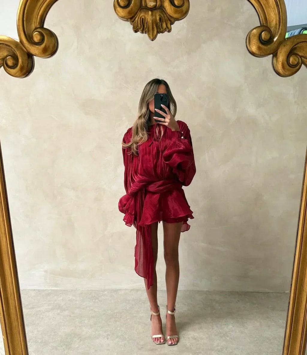 Women's Satin Mini Dress | Puff Sleeve Pleated Cocktail Dress