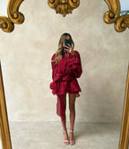 Women's Satin Mini Dress | Puff Sleeve Pleated Cocktail Dress