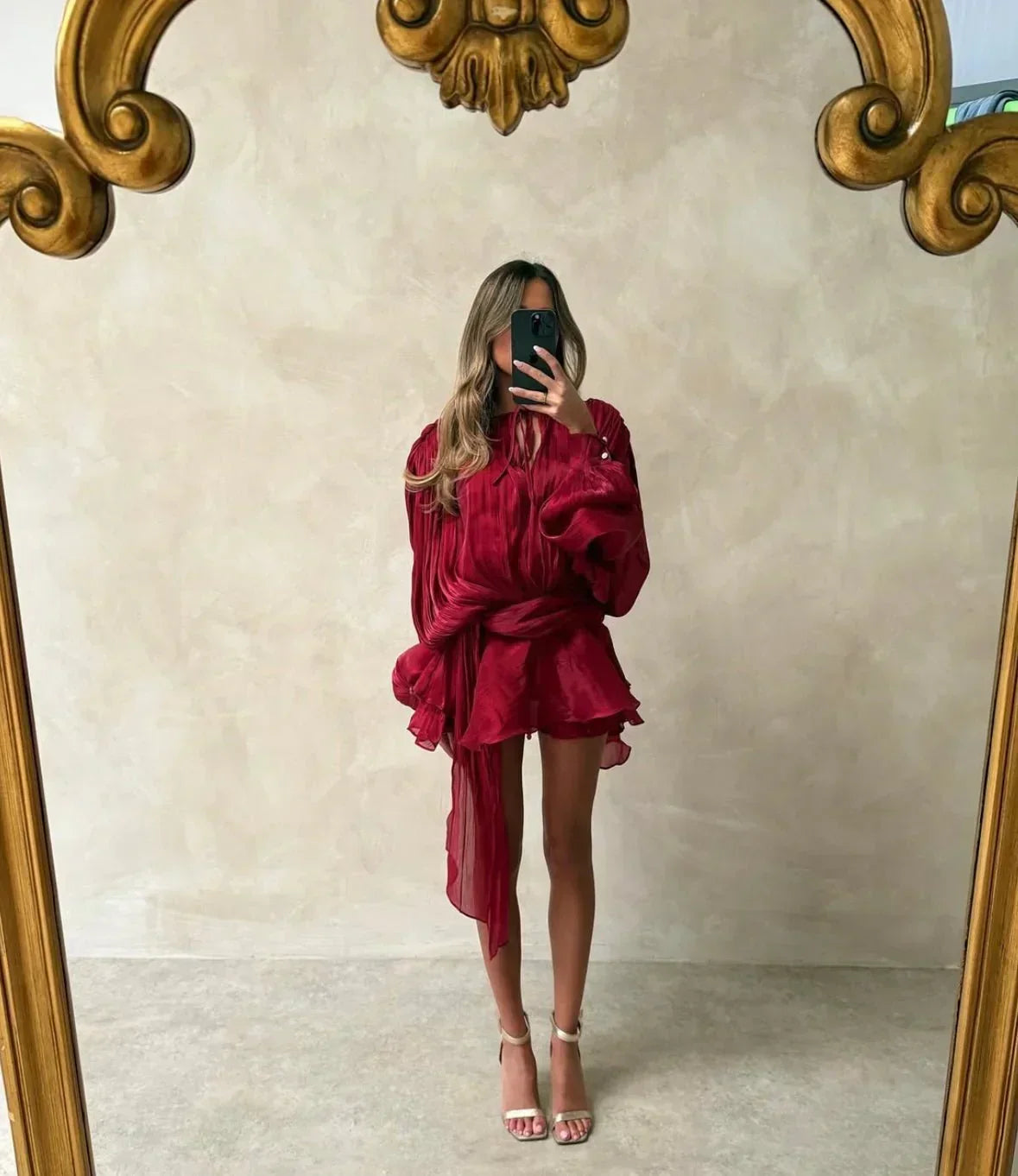 Women's Satin Mini Dress | Puff Sleeve Pleated Cocktail Dress