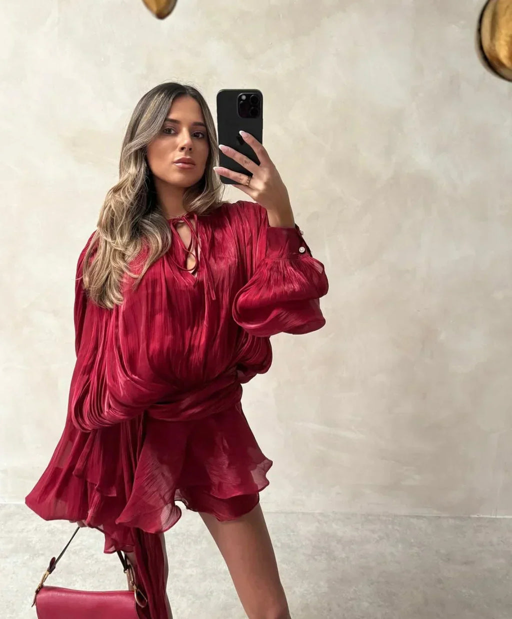 Women's Satin Mini Dress | Puff Sleeve Pleated Cocktail Dress