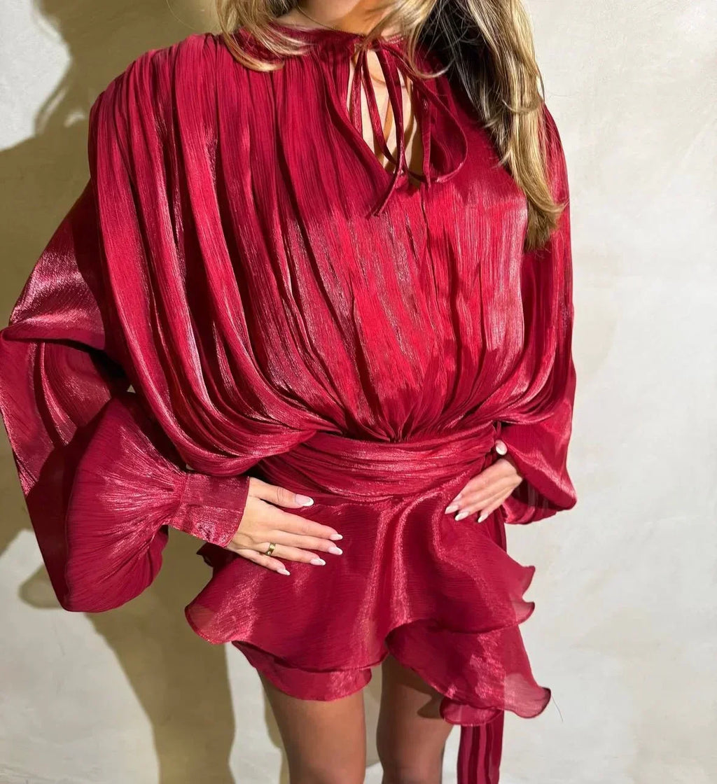 Women's Satin Mini Dress | Puff Sleeve Pleated Cocktail Dress