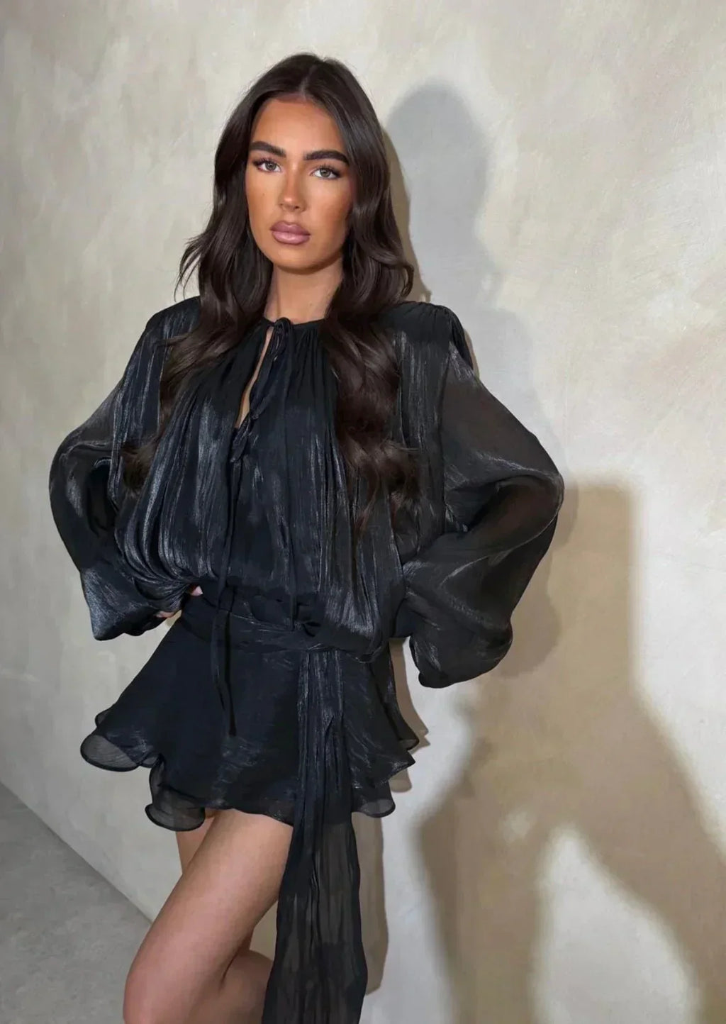 Women's Satin Mini Dress | Puff Sleeve Pleated Cocktail Dress