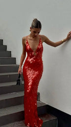 Women's Sequin Maxi Dress | Mermaid Deep V Cocktail Party Dress