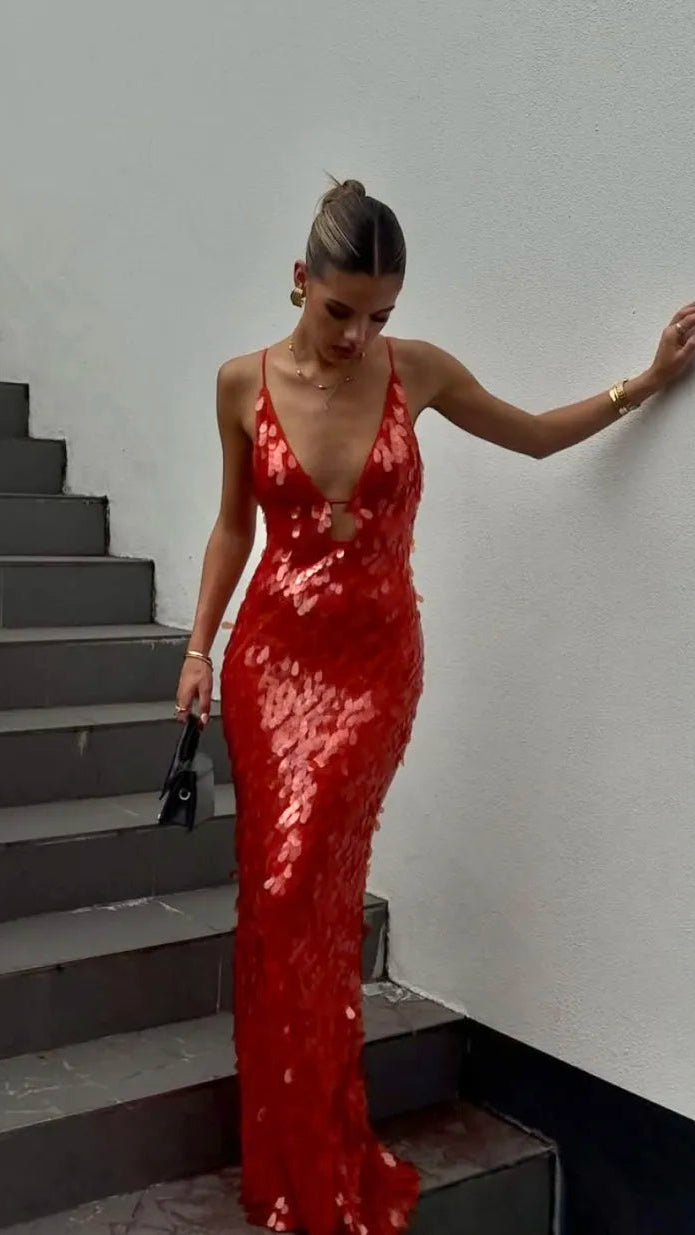 Women's Sequin Maxi Dress | Mermaid Deep V Cocktail Party Dress