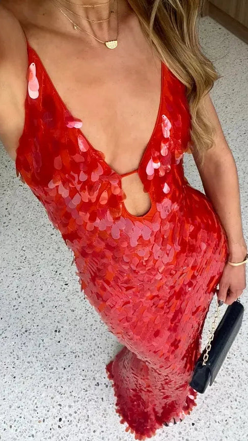 Women's Sequin Maxi Dress | Mermaid Deep V Cocktail Party Dress