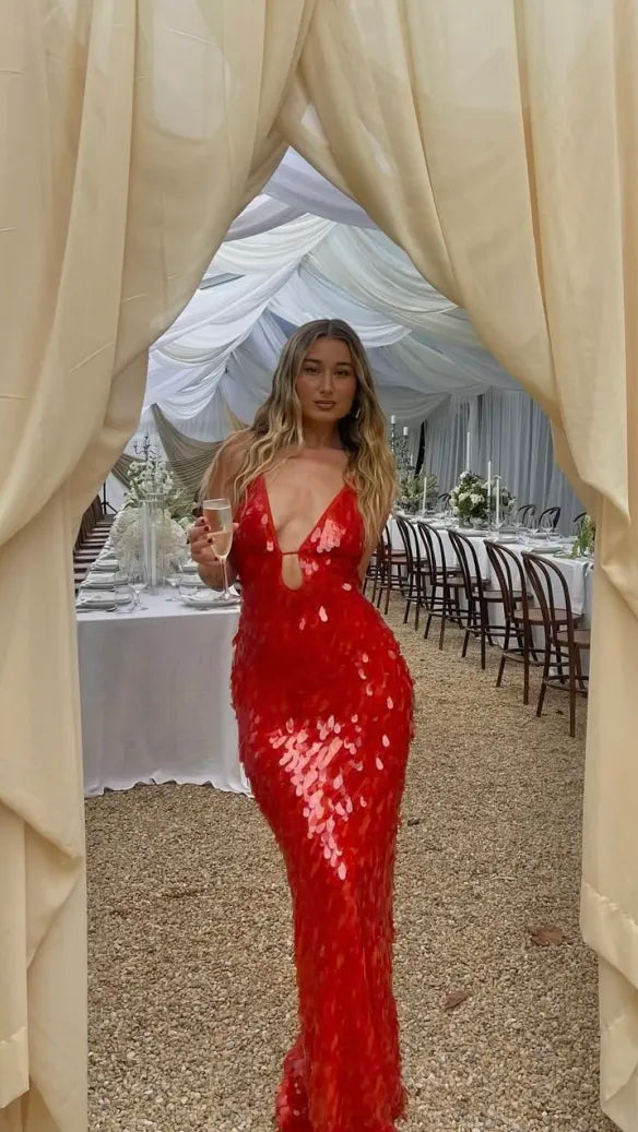 Women's Sequin Maxi Dress | Mermaid Deep V Cocktail Party Dress