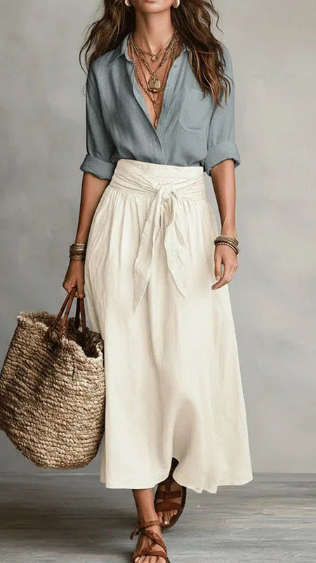 Women's Two Piece Set | Linen Button Top Midi Skirt Co-ord