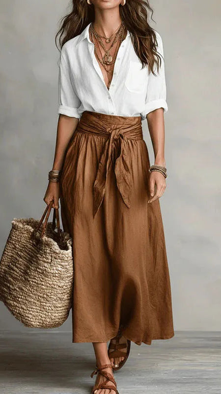 Women's Two Piece Set | Linen Button Top Midi Skirt Co-ord
