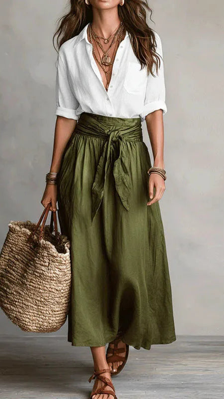Women's Two Piece Set | Linen Button Top Midi Skirt Co-ord