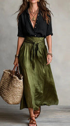 Women's Two Piece Set | Linen Button Top Midi Skirt Co-ord
