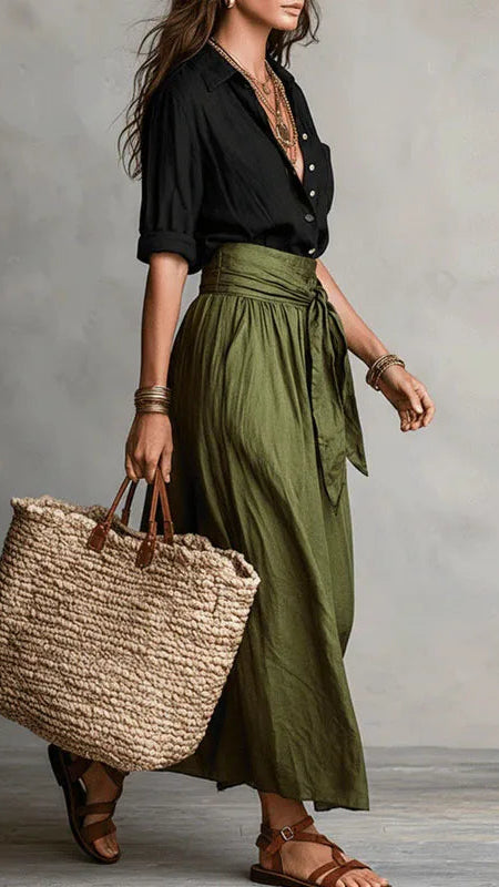 Women's Two Piece Set | Linen Button Top Midi Skirt Co-ord