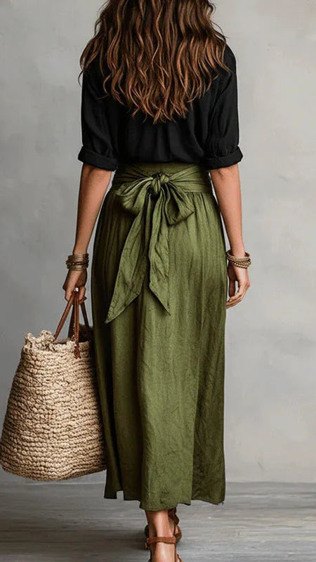 Women's Two Piece Set | Linen Button Top Midi Skirt Co-ord