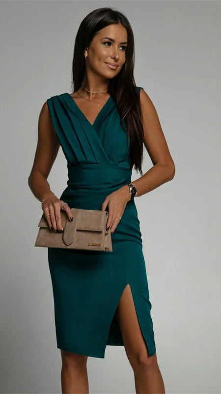 Women's Wrap Cocktail Dress | V Neck Pleated Evening Party Dress