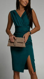 Women's Wrap Cocktail Dress | V Neck Pleated Evening Party Dress