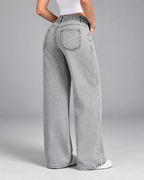 Women's Wide Leg Jeans with Mid Rise and Faded Grey Wash