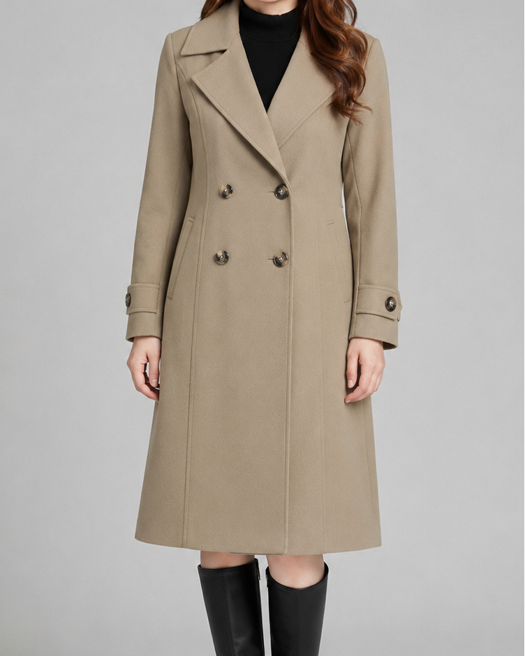 Women's Long Trench Coat | Double Breasted Notch Lapel Longline Coat