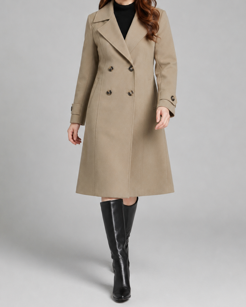 Women's Long Trench Coat | Double Breasted Notch Lapel Longline Coat