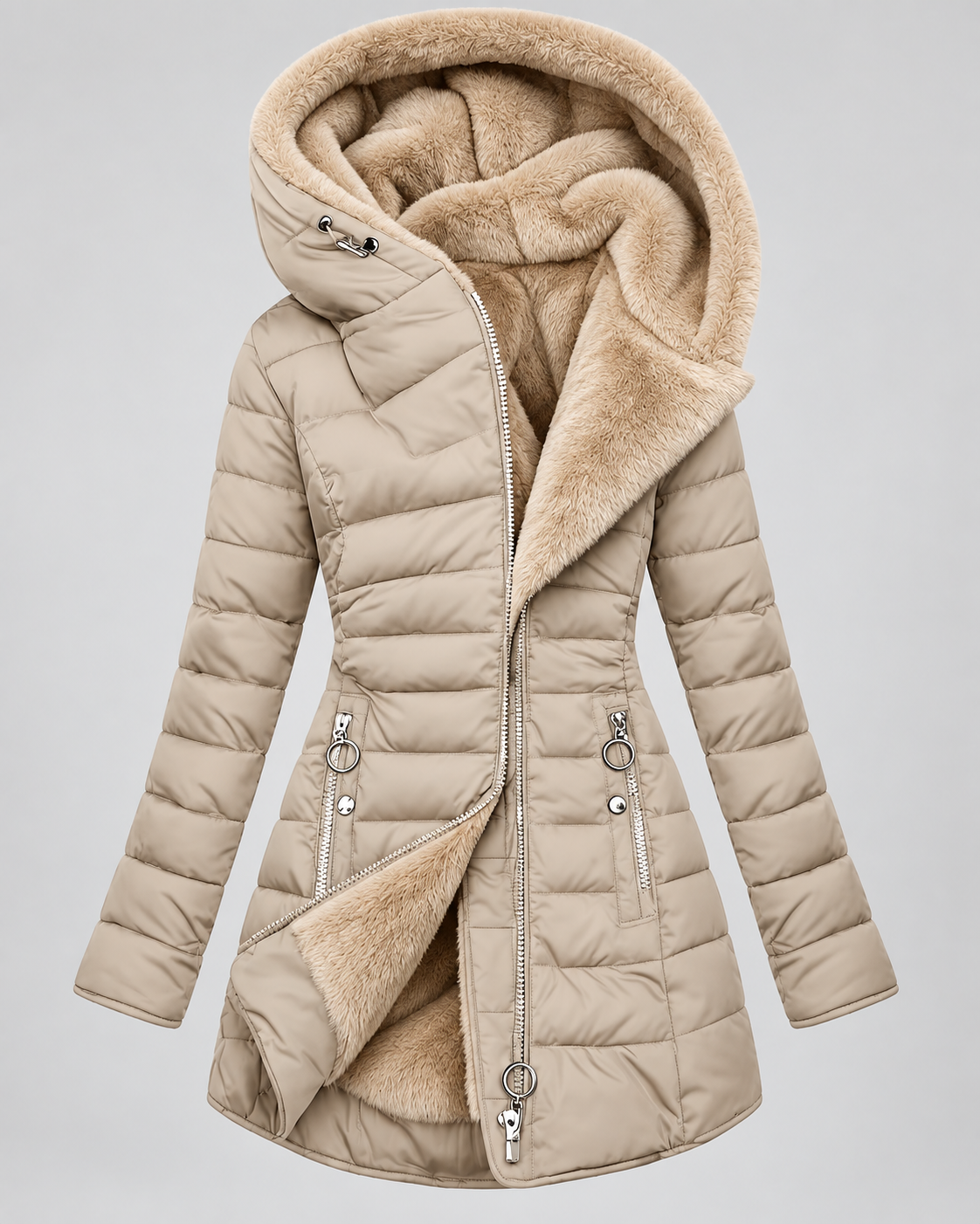 Women's Fleece Lined Hooded Puffer Coat with Mid Length