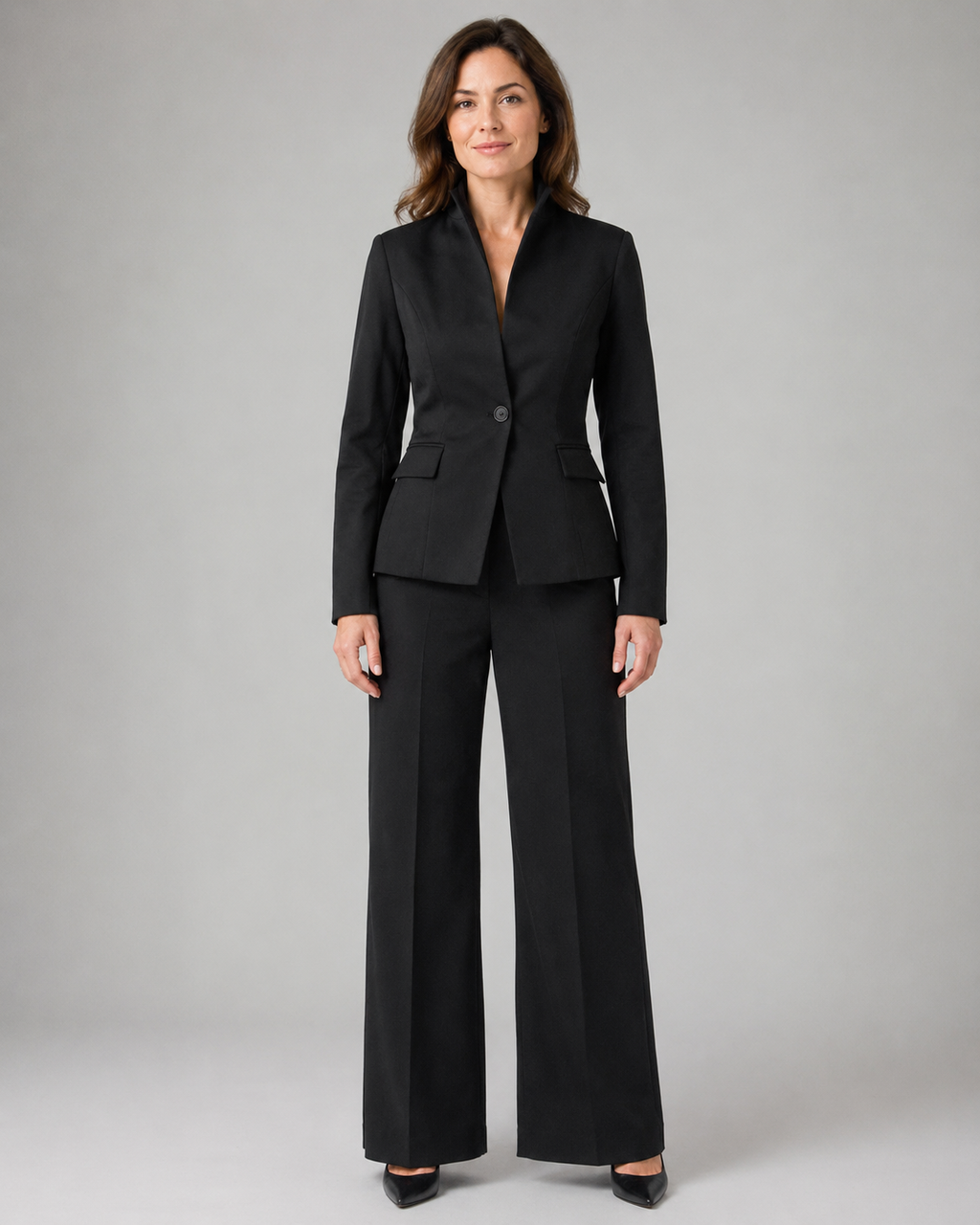 Women's Trouser Suit | Stand Collar Blazer & Flared Trousers Two Piece Set